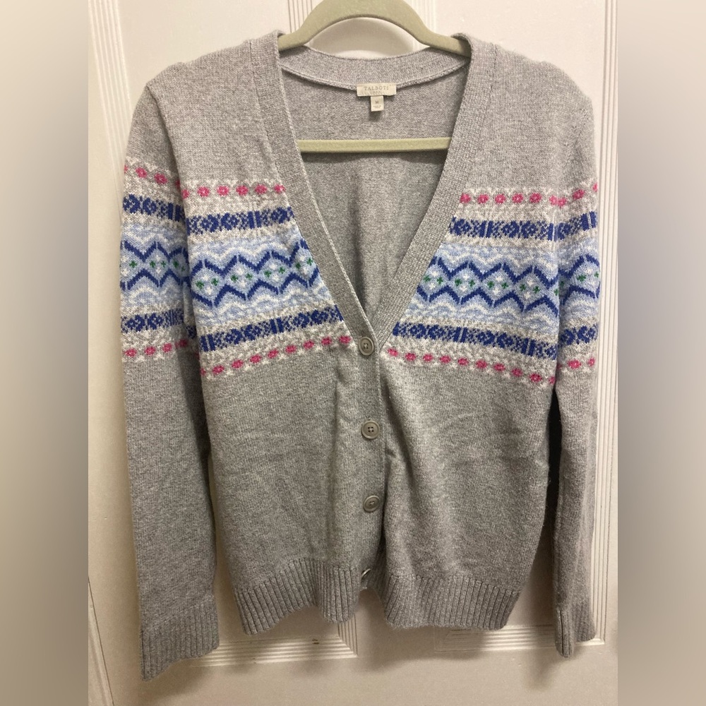 Talbots Gray V-Neck Sweater with Pink and Blue Pattern
